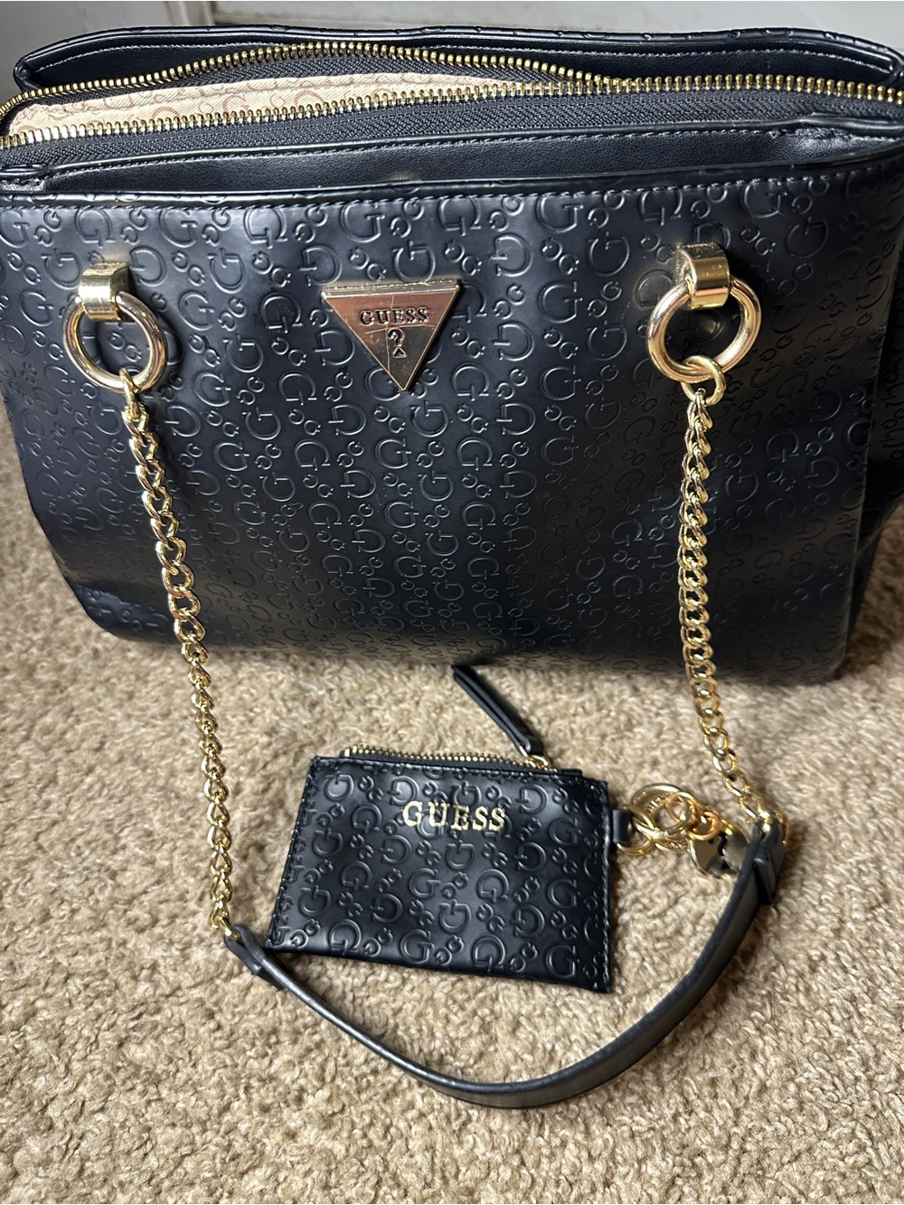 GUESS Black Embossed Chain-Handle Tote with Card/Coin Wallet